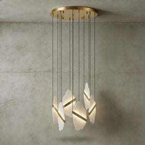 Cascading Alabaster Slab Chandelier - Studio Grey Concrete Backdrop Round Brass Canopy | HoaiLamp