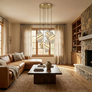 Cascading Alabaster Slab Chandelier - Warm Neutral Living Room Cognac Leather Sofa Bookshelf | HoaiLamp