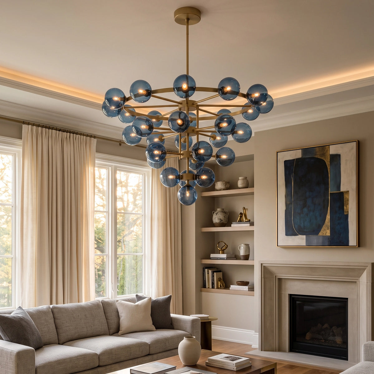 Cassian Blue Glass Globe Tiered Chandelier