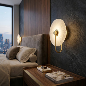 Celestial Round Alabaster Sconce - Moody Dark Grey Textured Wall | HoaiLamp