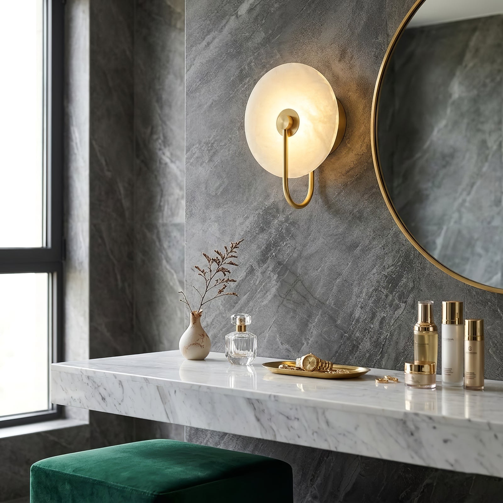 Celestial Round Alabaster Sconce - Contemporary Master Bedroom Bedside | HoaiLamp