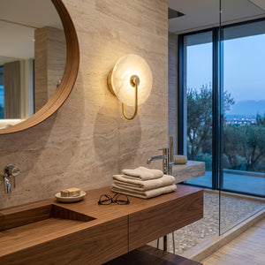 Celestial Round Alabaster Sconce - Luxury Wooden Bathroom Vanity | HoaiLamp