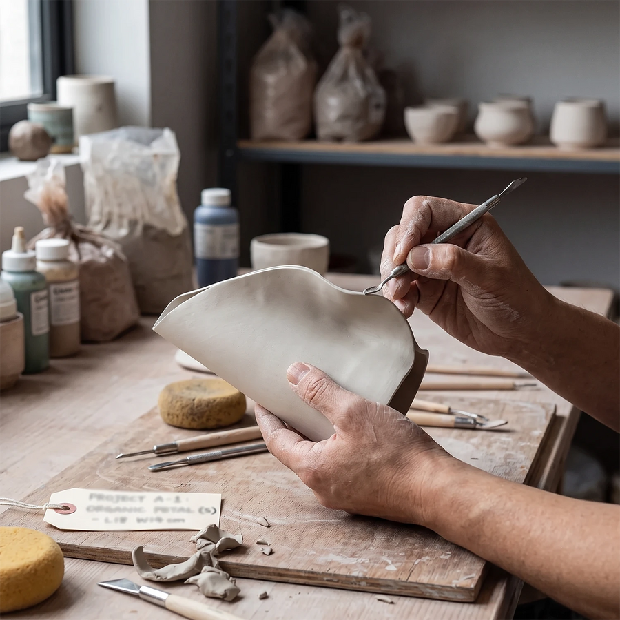 Handcrafted Clay ShapingArtisan hand-carved organic petal form.