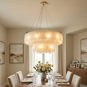 Cascade Alabaster Tiered Brass Chandelier-Compact Dual-Tier Cascade - Warm Home Ambience | HoaiLamp