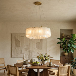 Cascade Alabaster Tiered Brass Chandelier-Single-Tier Dining Ambience - Warm Elegant Texture | HoaiLamp