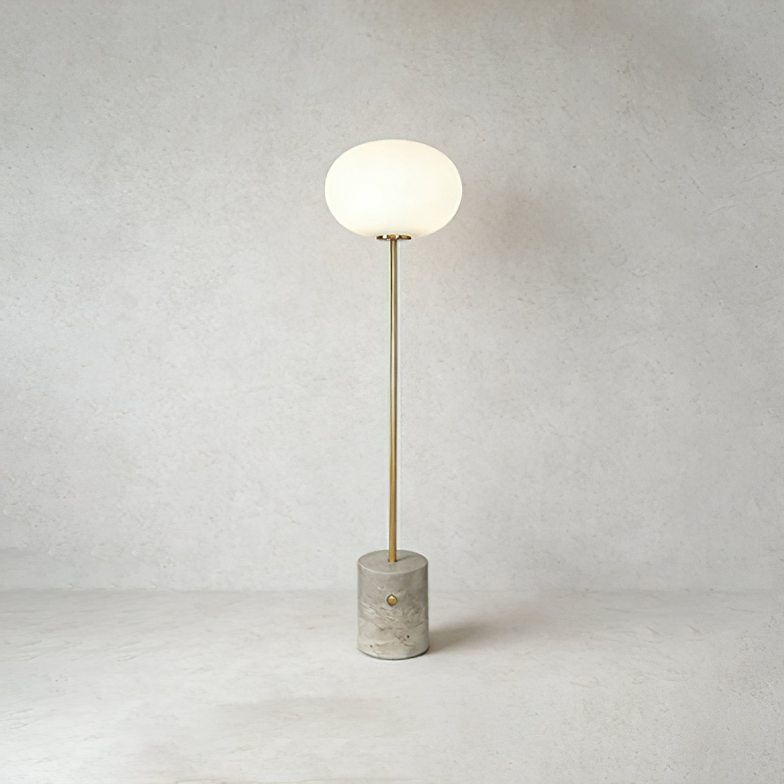Chic Minimalist Round Marble Floor Light - Contemporary Travertine Stone Base Brass Stem | HoaiLamp