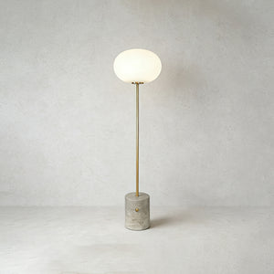 Chic Minimalist Round Marble Floor Light - Contemporary Travertine Stone Base Brass Stem | HoaiLamp