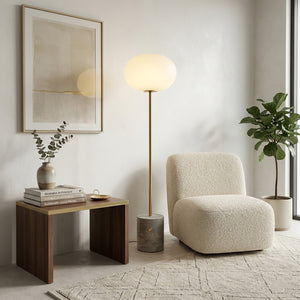 Chic Minimalist Round Marble Floor Light - Cream Boucle Chair Apartment Aesthetic Vibe | HoaiLamp