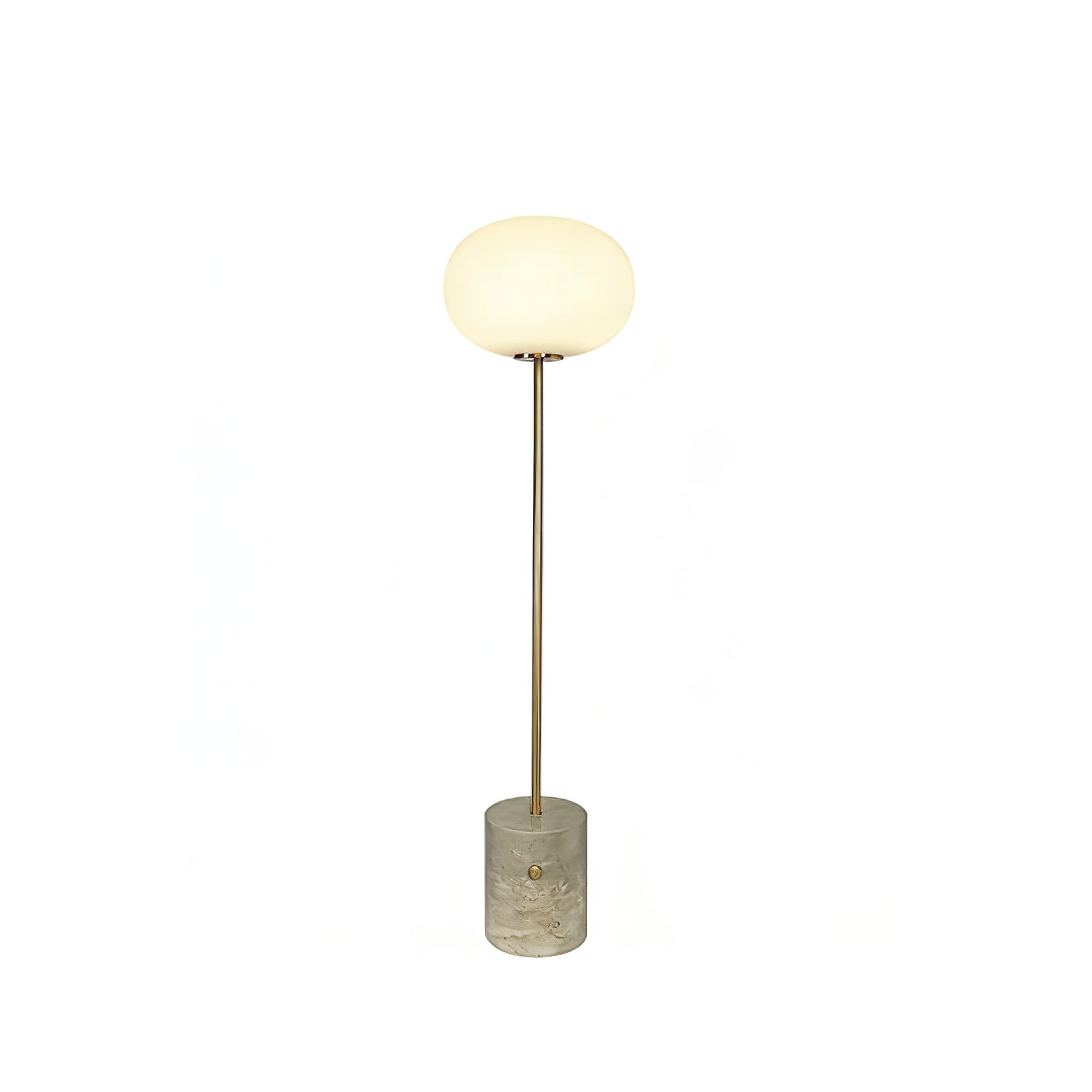 Chic Minimalist Round Marble Floor Light - Muted Brass Travertine Base Standing SKU | HoaiLamp