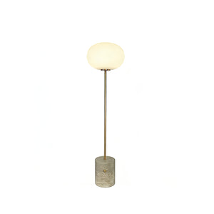 Chic Minimalist Round Marble Floor Light - Muted Brass Travertine Base Standing SKU | HoaiLamp