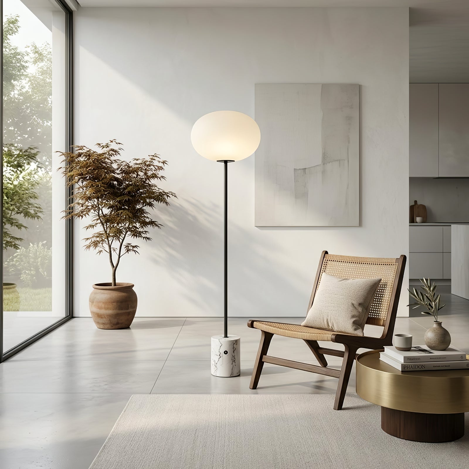 Chic Minimalist Round Marble Floor Light - Bright Solarium Lounge Rattan Chair Decor | HoaiLamp