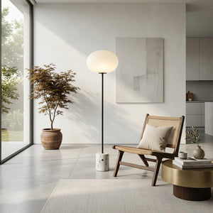 Chic Minimalist Round Marble Floor Light - Bright Solarium Lounge Rattan Chair Decor | HoaiLamp