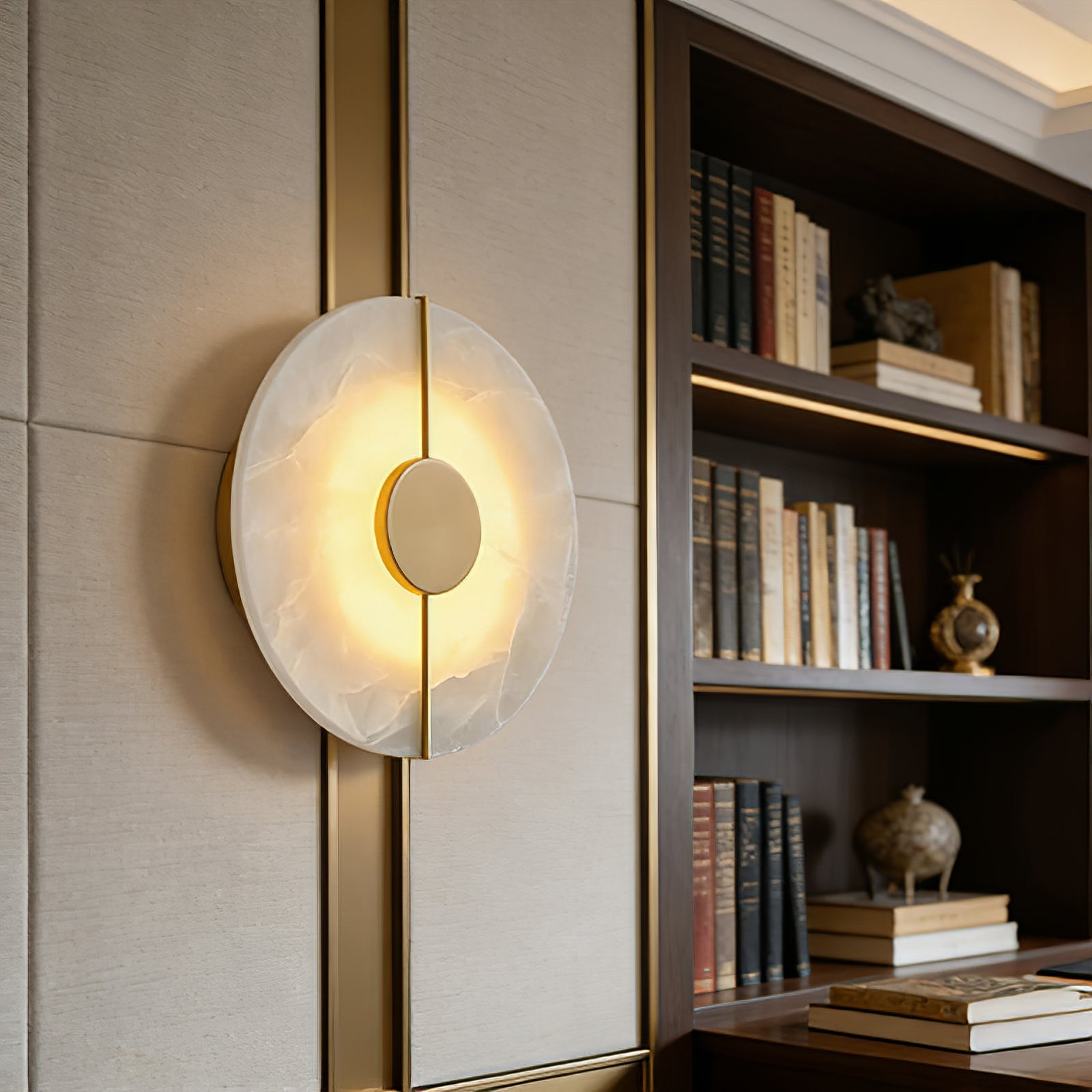 Circular Alabaster Wall Lamp With Brass Bar - Elegant Library Bookshelf Sconce | HoaiLamp