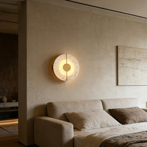 Circular Alabaster Wall Lamp With Brass Bar - Modern Living Room Sofa Light | HoaiLamp