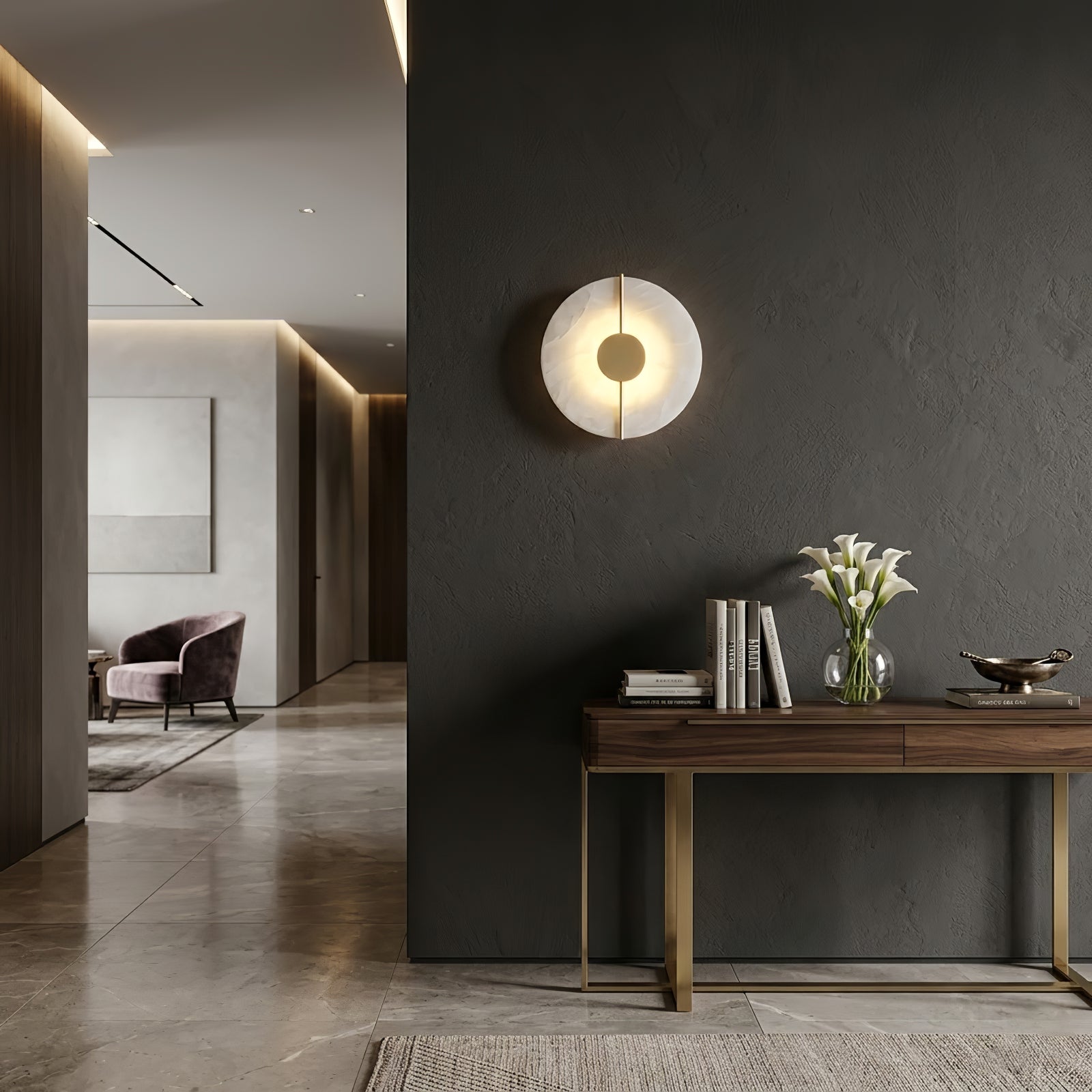 Circular Alabaster Wall Lamp With Brass Bar - Industrial Chic Foyer Console | HoaiLamp