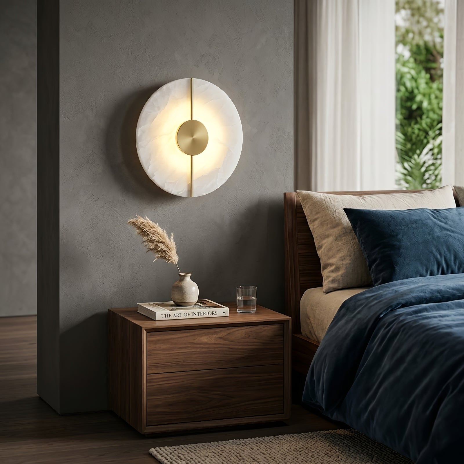 Circular Alabaster Wall Lamp With Brass Bar - Moody Midnight Blue Bedroom | HoaiLamp