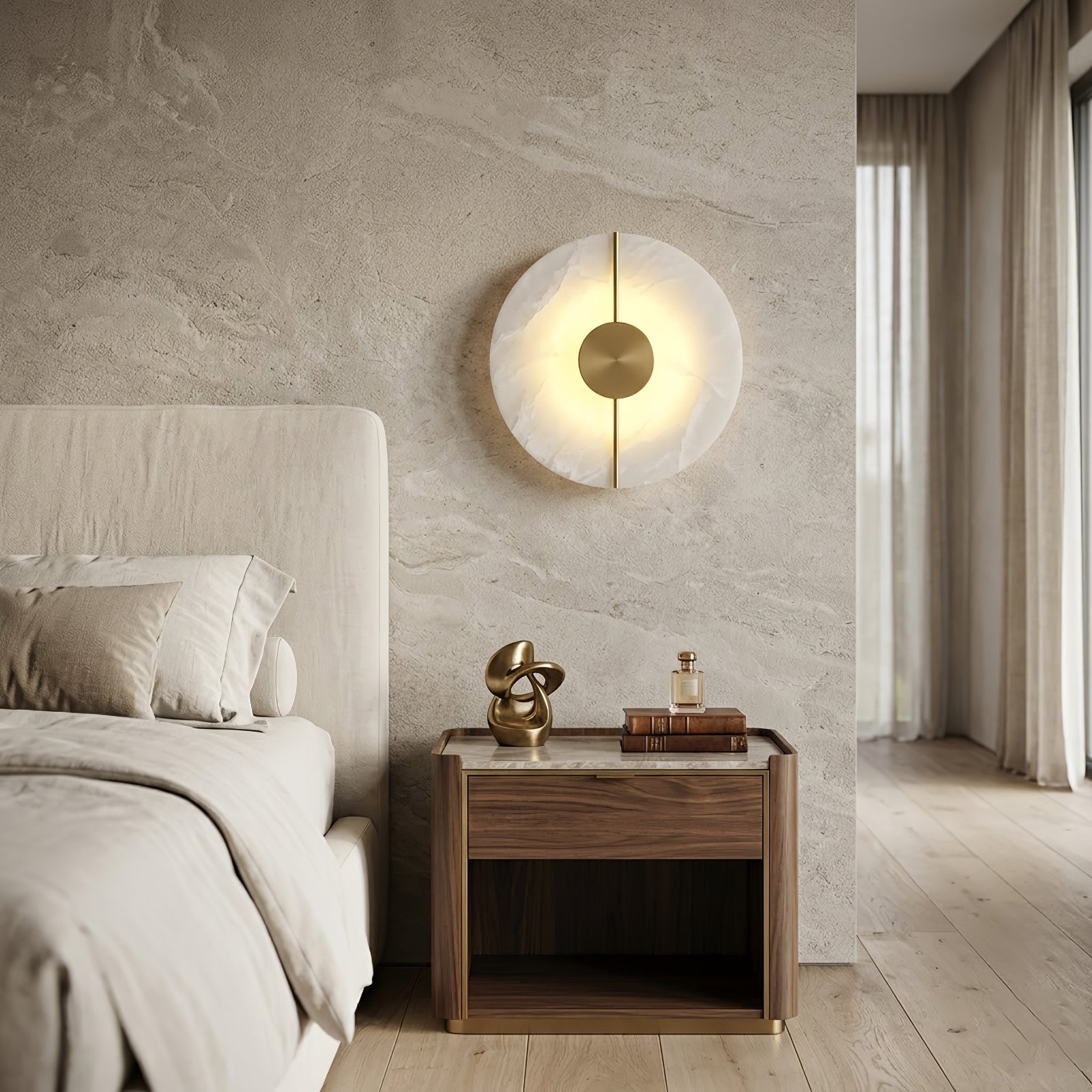 Circular Alabaster Wall Lamp With Brass Bar - Contemporary Neutral Bedside Light | HoaiLamp