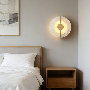 Circular Alabaster Wall Lamp With Brass Bar - Scandinavian Wooden Bedroom Decor | HoaiLamp