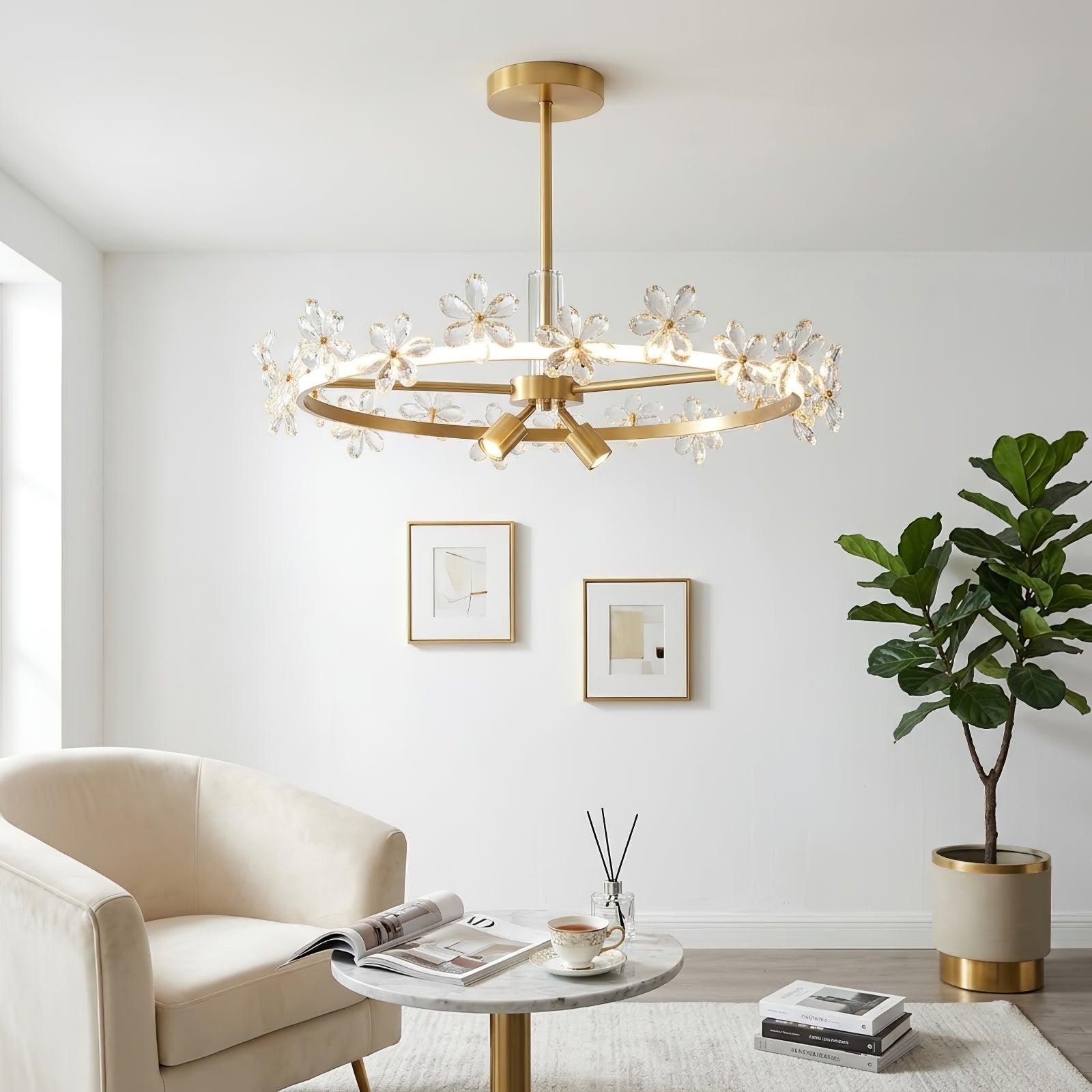 Circular Crystal Plum Blossom Ceiling Light - Cozy Reading Corner Soft Boucle Armchair | HoaiLamp