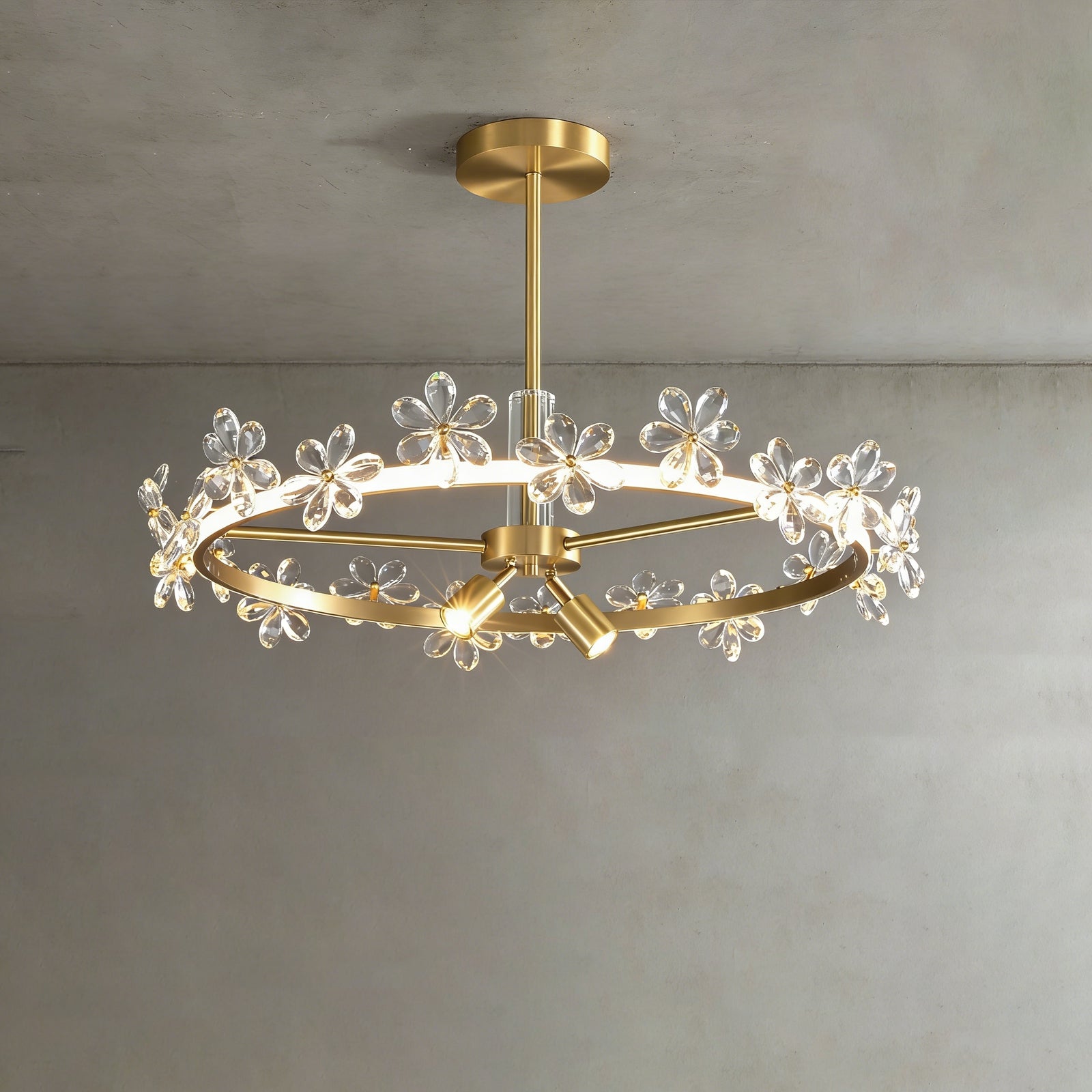 Circular Crystal Plum Blossom Ceiling Light - Illuminated Ring Elegant Concrete Background | HoaiLamp