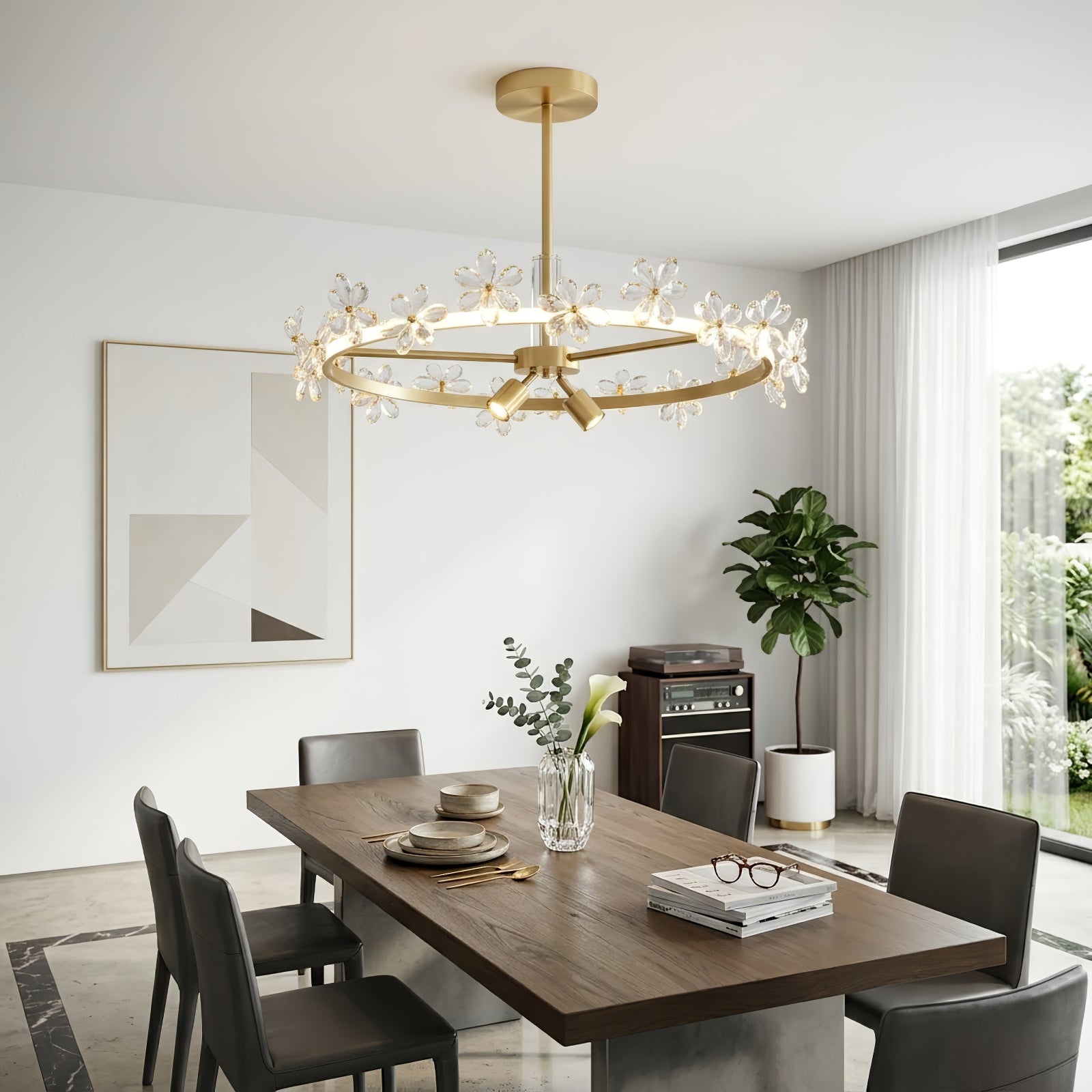Circular Crystal Plum Blossom Ceiling Light - Minimalist Walnut Timber Table Modern Eatery | HoaiLamp