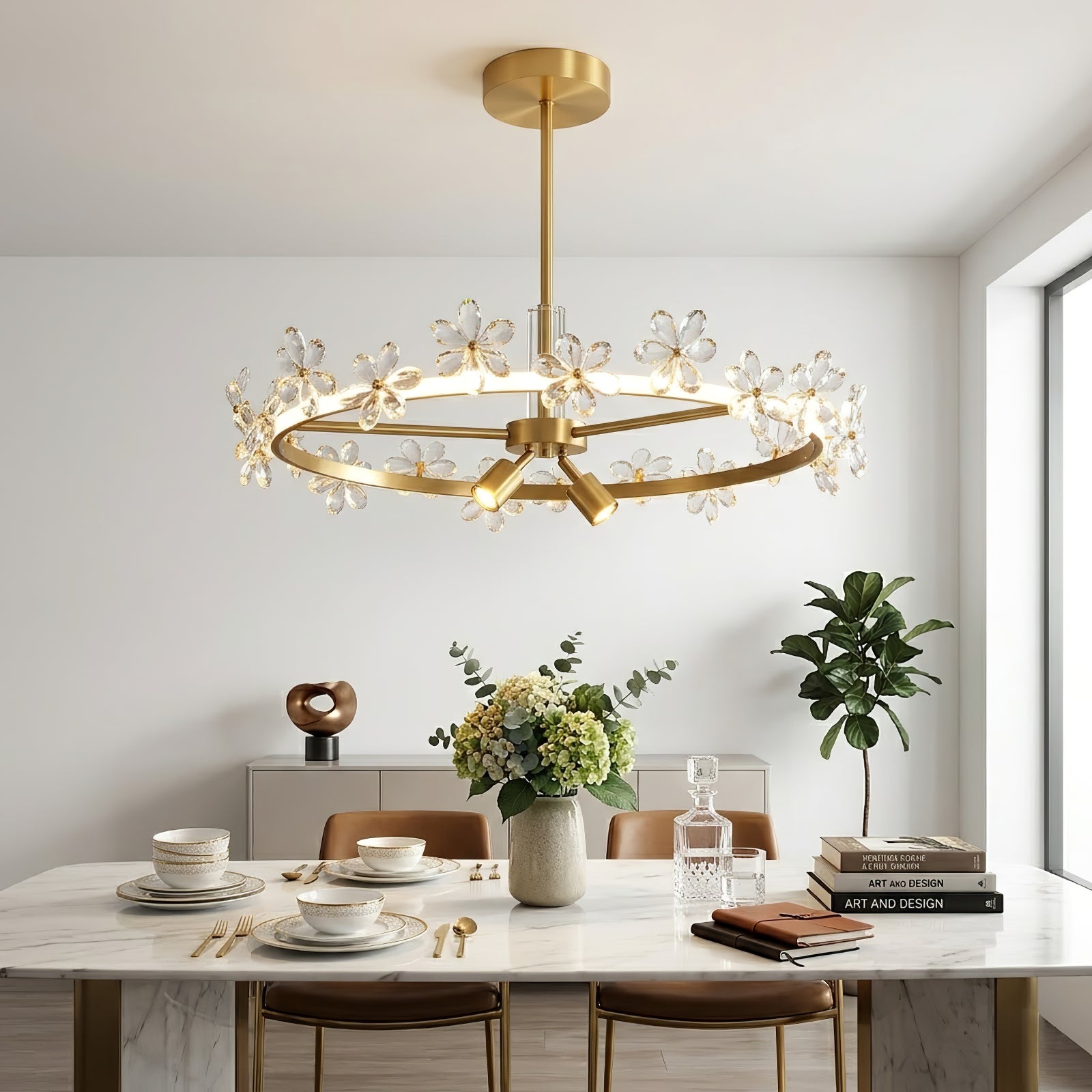 Circular Crystal Plum Blossom Ceiling Light - Nordic Soft Cream Eatery Long Marble Table | HoaiLamp