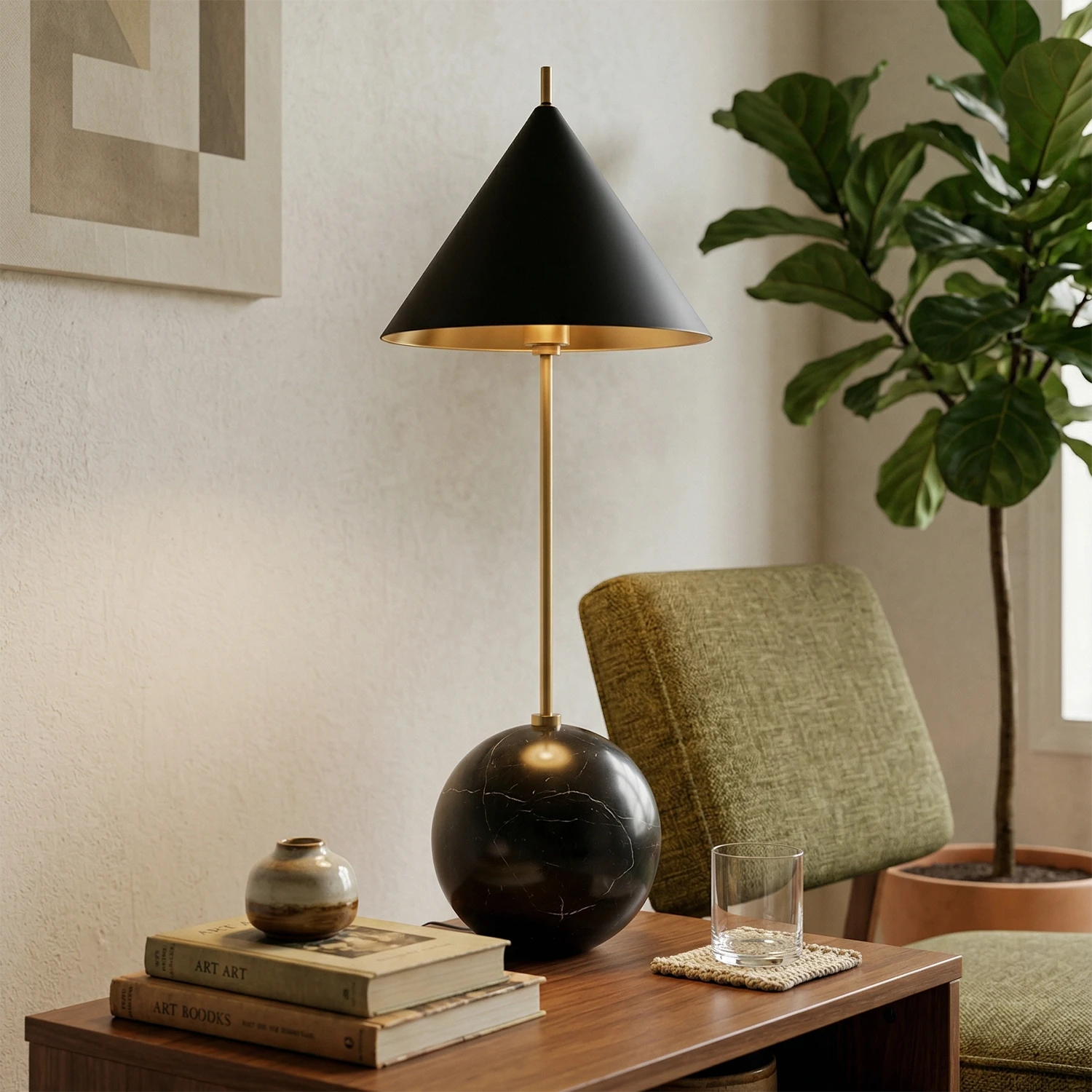 Cleon Orb Base Table Lamp (Dark Edition) - Biophilic Accent & Cozy Reading Corner Profile | HoaiLamp