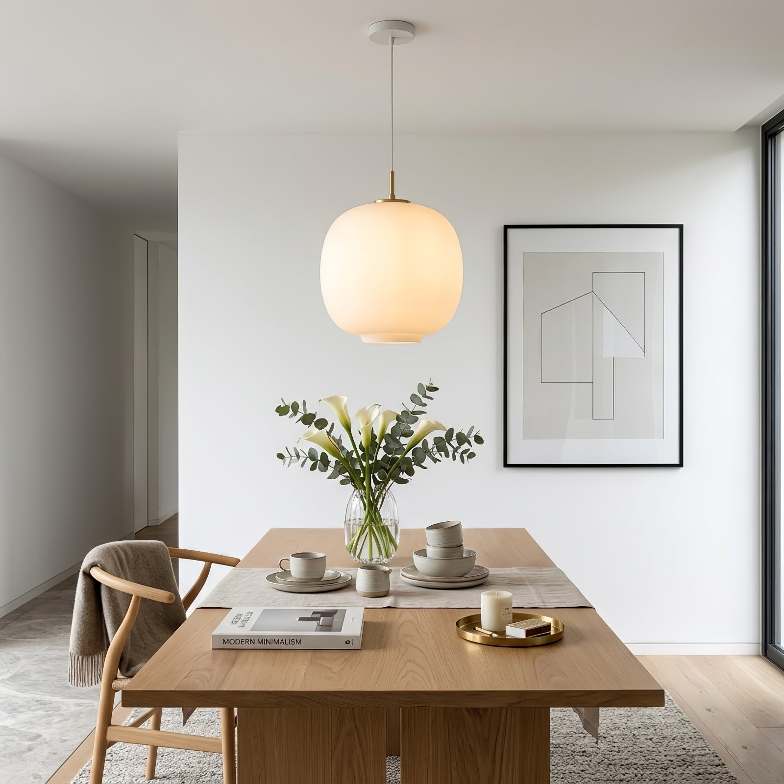 Contemporary Opal Glass Pendant Lamp - Scandinavian Organic Oak Wood Tableware Set Room | HoaiLamp