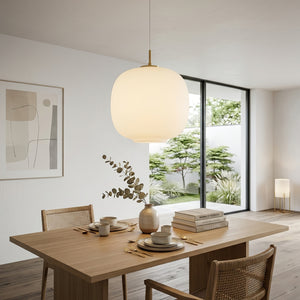 Contemporary Opal Glass Pendant Lamp - Warm Wooden Dining Table Japandi Eatery Ambiance | HoaiLamp