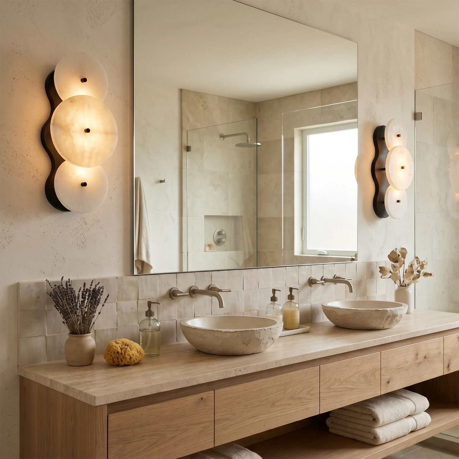 Cosmic 3-Round Alabaster Sconce - Modern Spa Bathroom Vanity Lighting | HoaiLamp