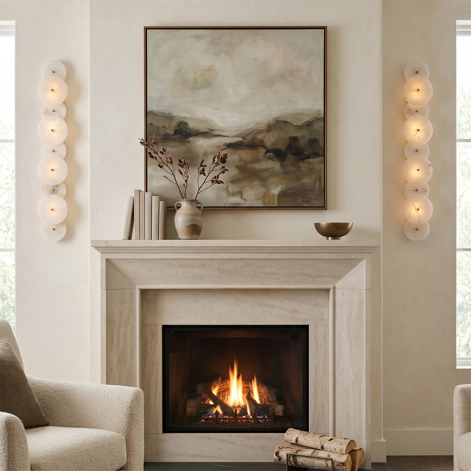 Cosmic 9-Round Alabaster Sconce - Grand Fireplace Mantel Symmetry Lighting | HoaiLamp