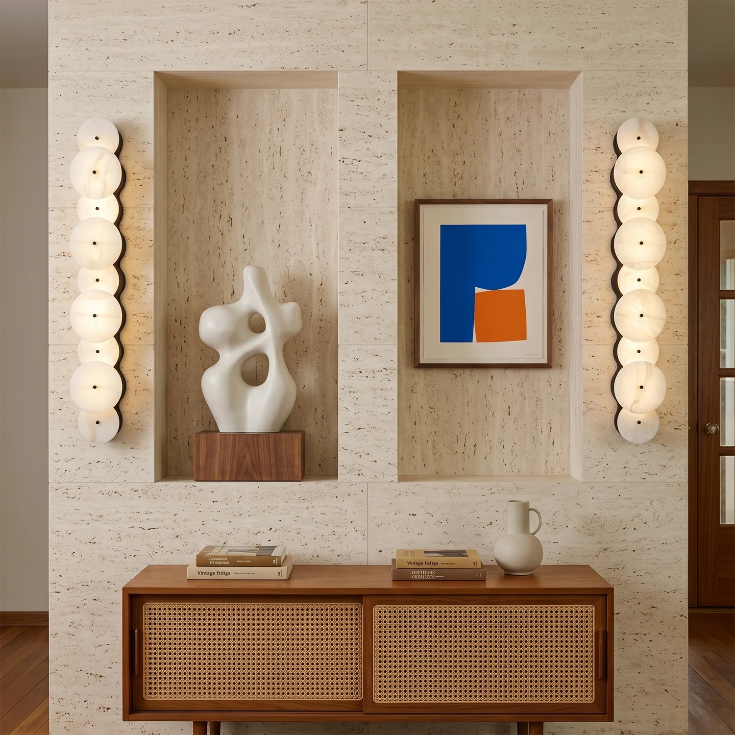 Cosmic 9-Round Alabaster Sconce - Mid-Century Hallway Niche Statement Light | HoaiLamp