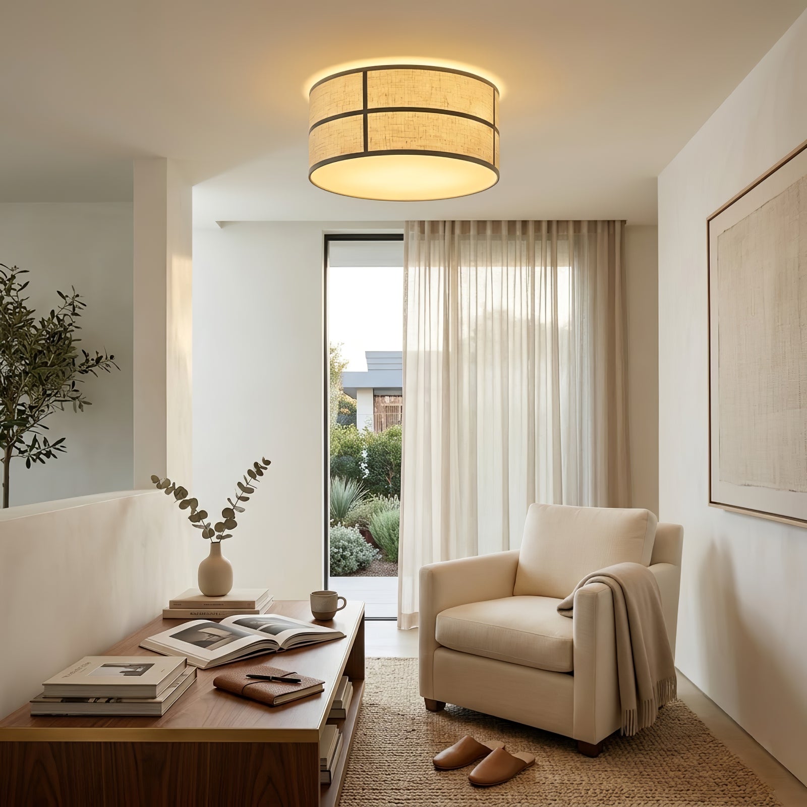 Crosshatch Linen Fabric Ceiling Light - Cozy Cream Living Room Accent Armchair Lounge | HoaiLamp