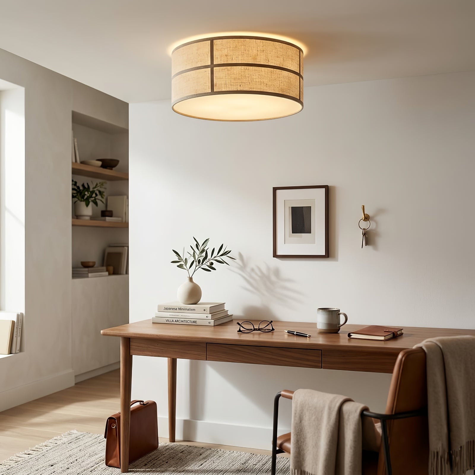 Crosshatch Linen Fabric Ceiling Light - Japandi Home Office Study Desk Workspace | HoaiLamp