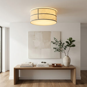 Crosshatch Linen Fabric Ceiling Light - Rustic Wooden Console Table Organic Entryway | HoaiLamp