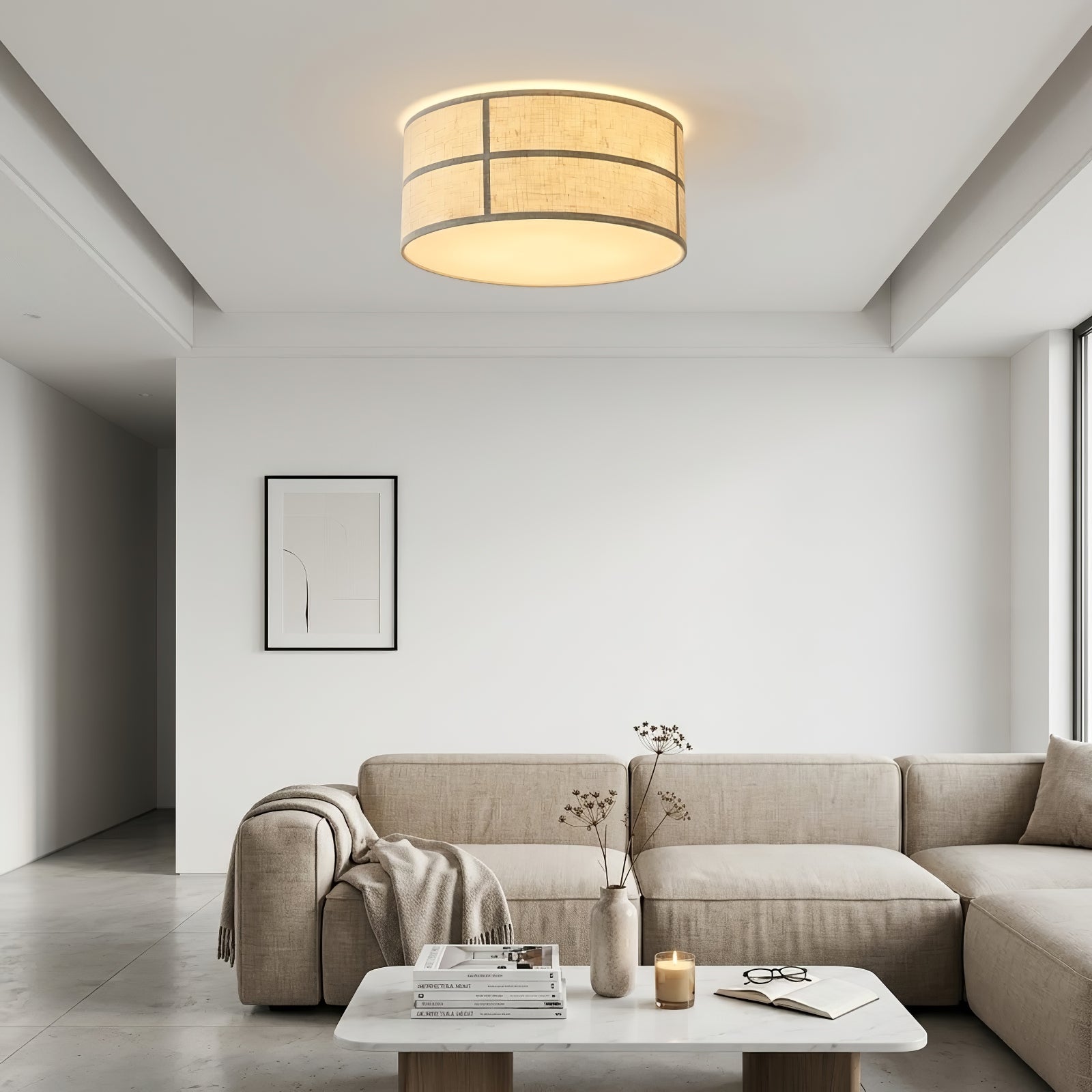 Crosshatch Linen Fabric Ceiling Light - Spacious Scandinavian Sectional Sofa Great Room | HoaiLamp