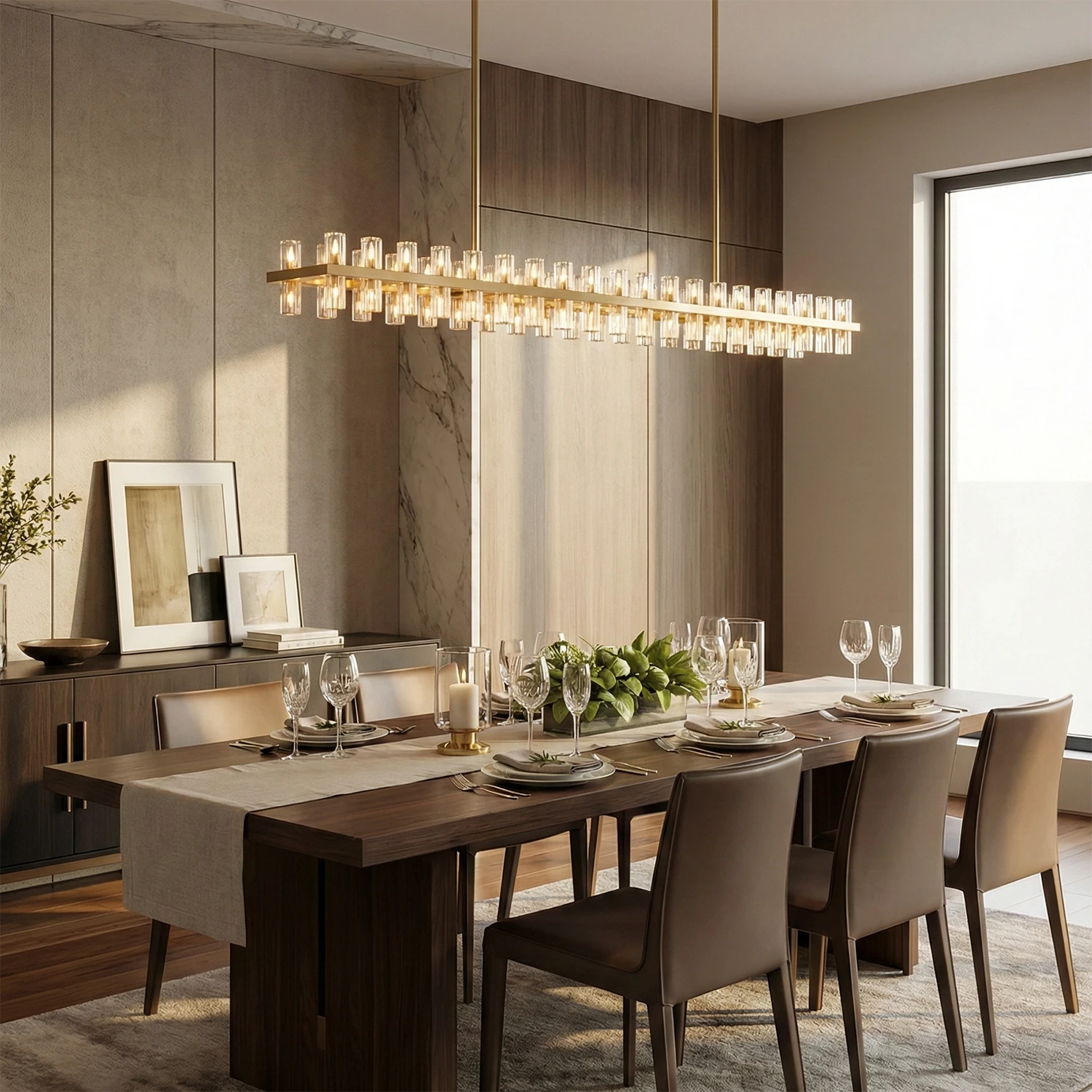 CrystalRay Linear Chandelier Series - Contemporary Dining Space Long Wooden Table Linear | HoaiLamp