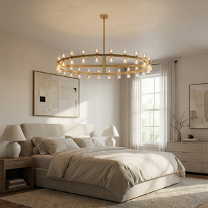 CrystalRay Linear Chandelier Series - Elegant Master Bedroom Cream Upholstered Bed | HoaiLamp