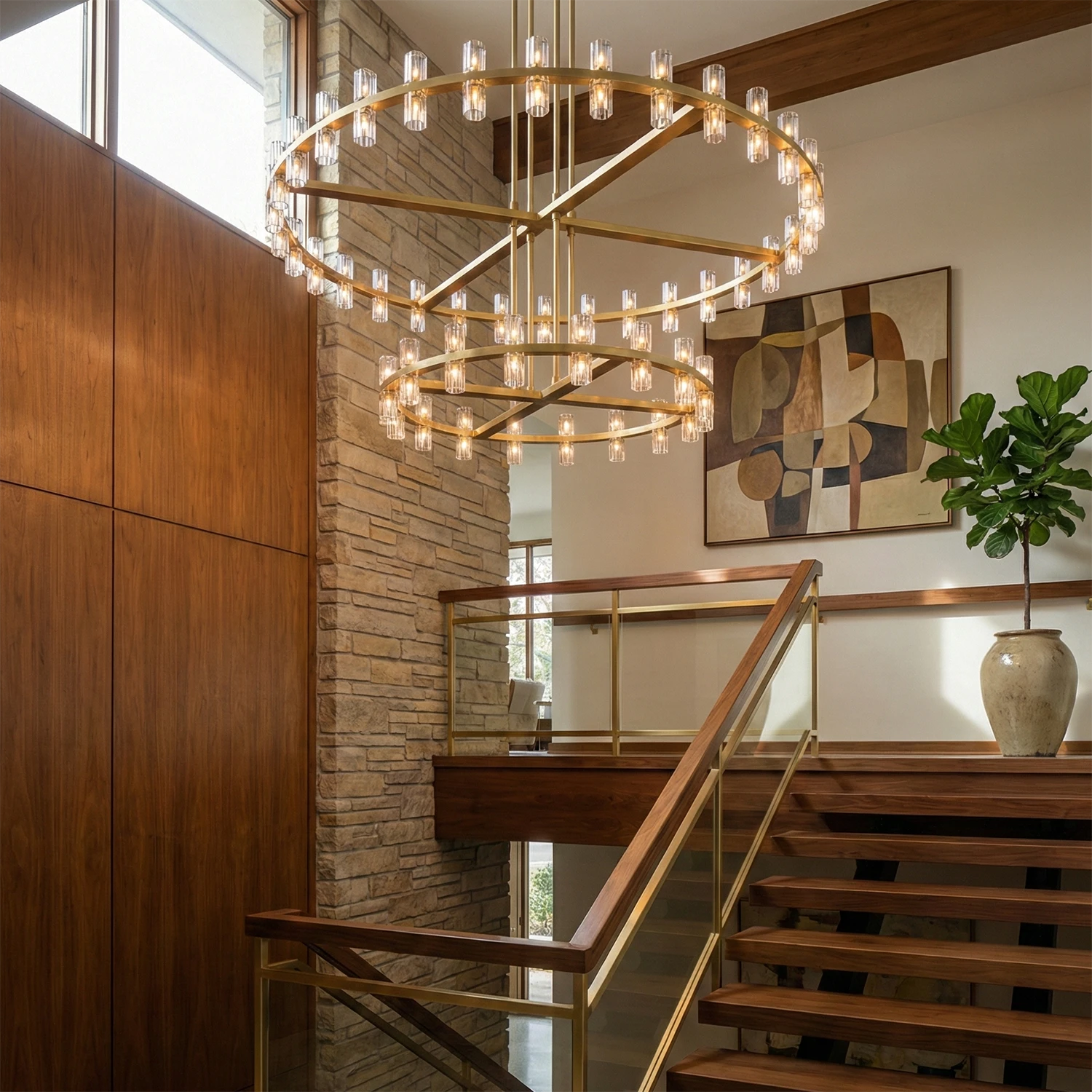 CrystalRay Linear Chandelier Series - Grand Staircase Foyer Two Tier Round Ring Chandelier | HoaiLamp