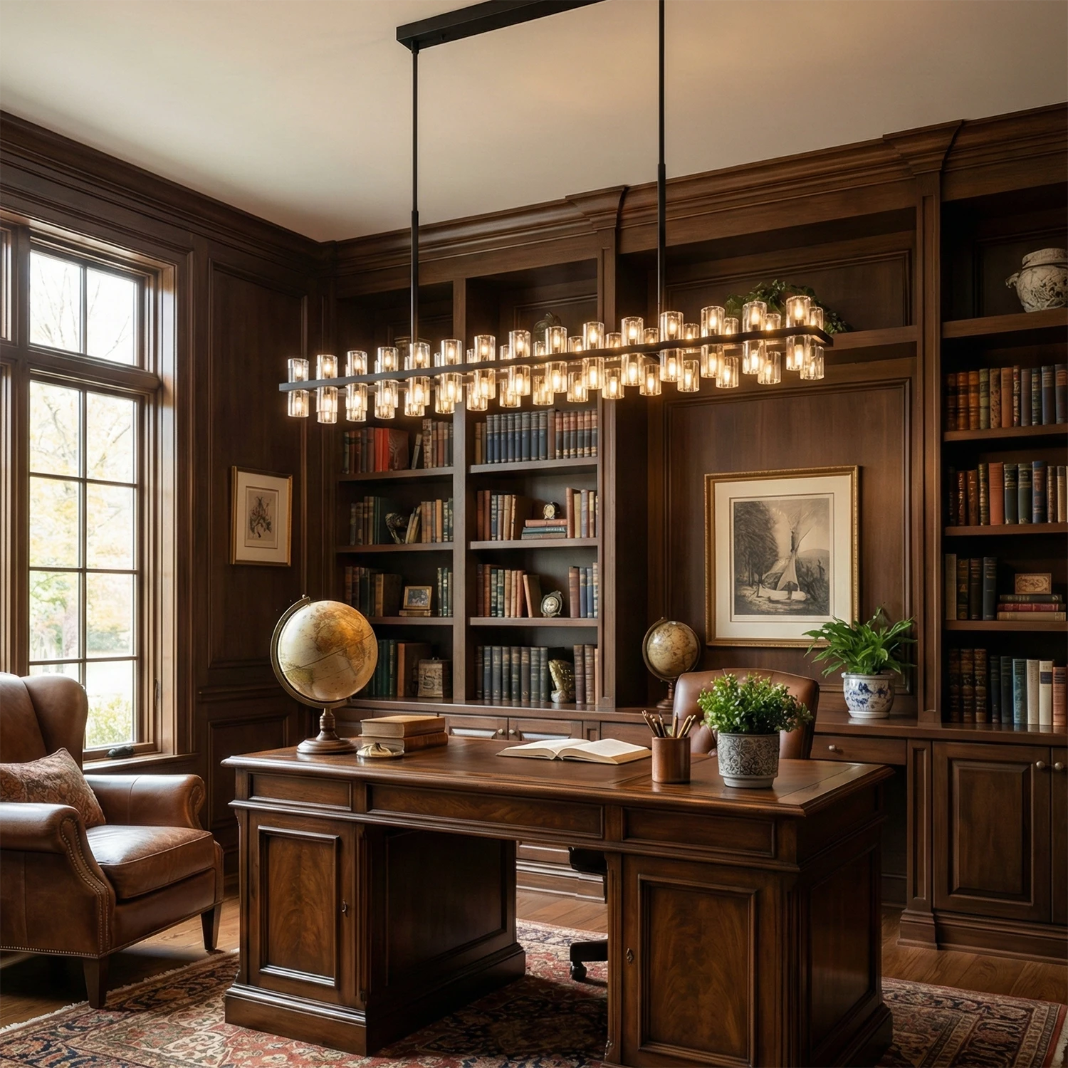 CrystalRay Linear Chandelier Series - Luxury Home Office Library Dark Wood Bookshelves | HoaiLamp