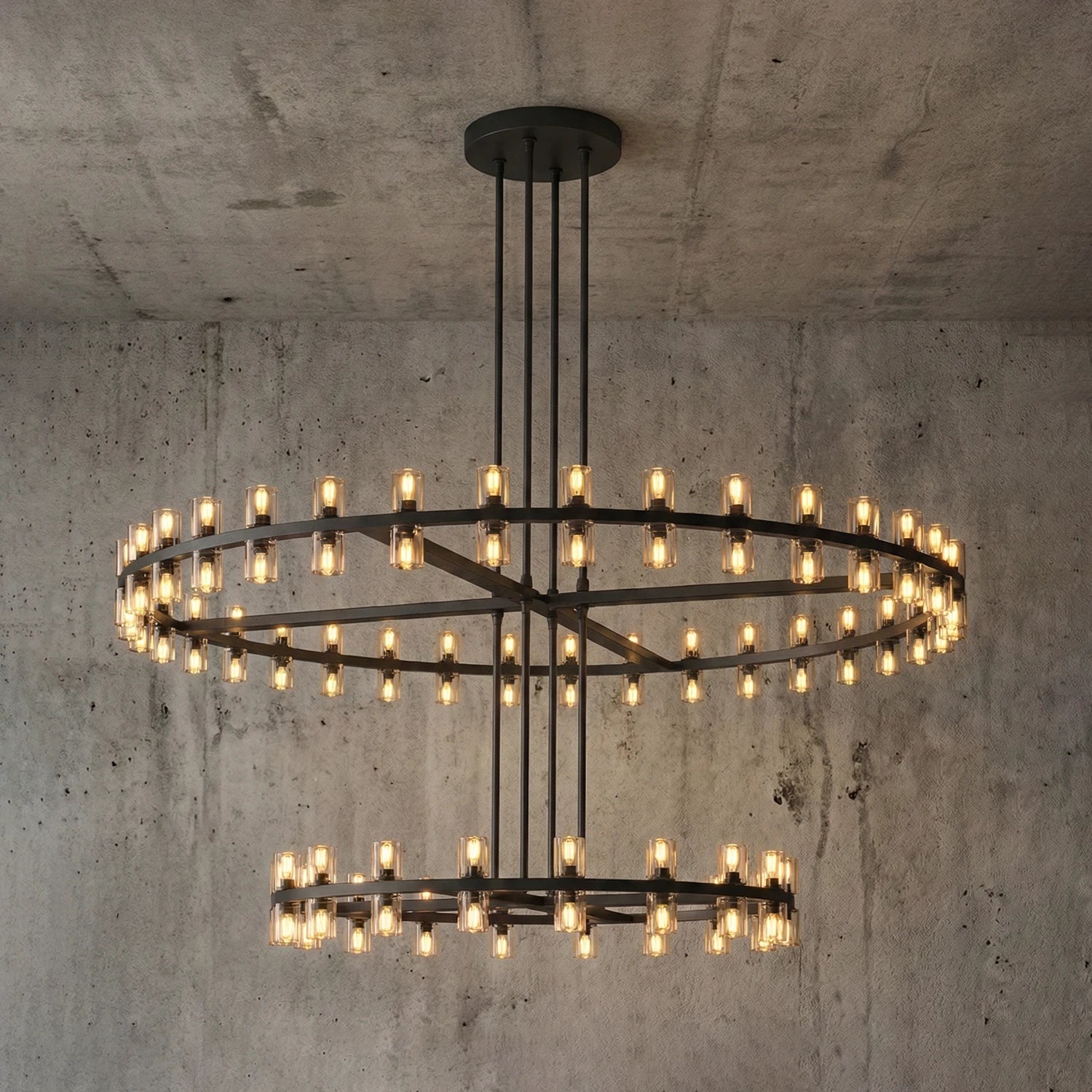 CrystalRay Linear Chandelier Series - Studio Concrete Wall Two Tier Ring Black Lit | HoaiLamp