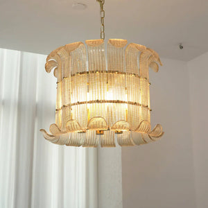 Curved Glass Slat Drum Wall Lamp - Close Up Brightly Lit Window Sheer Curtain | HoaiLamp