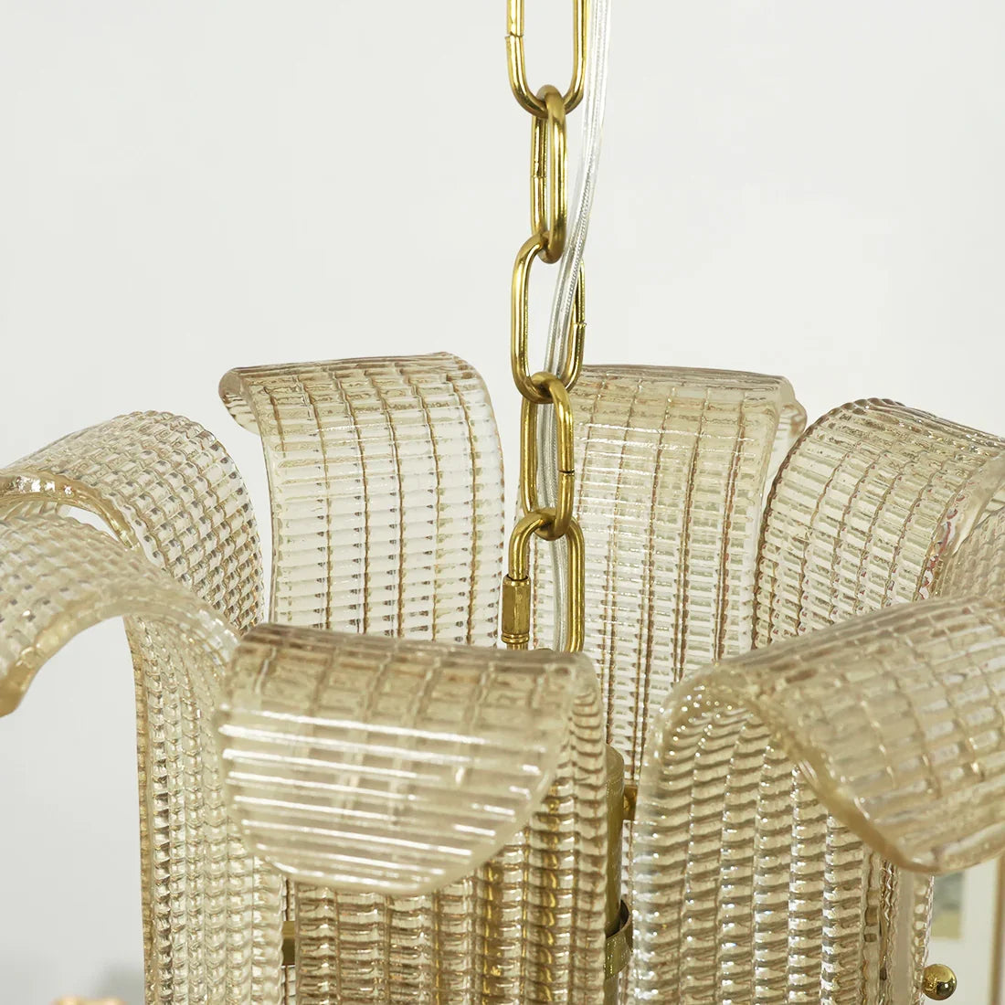 Curved Glass Slat Drum Wall Lamp - Close Up Gold Brass Chain Suspension Loop Detail | HoaiLamp