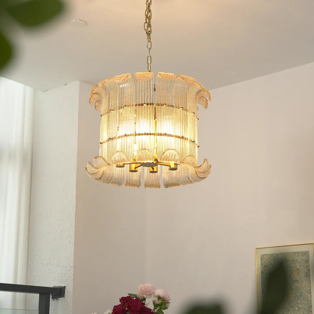 Curved Glass Slat Drum Wall Lamp - Close Up Hanging White Wall Blurred Foreground | HoaiLamp
