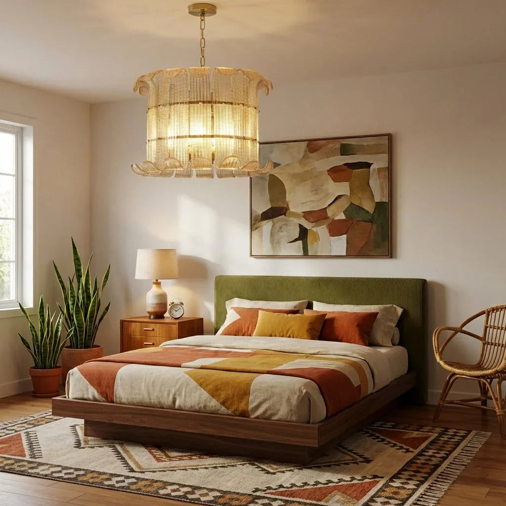 Curved Glass Slat Drum Wall Lamp - Cozy Bedroom Green Headboard Geometric Bedding | HoaiLamp