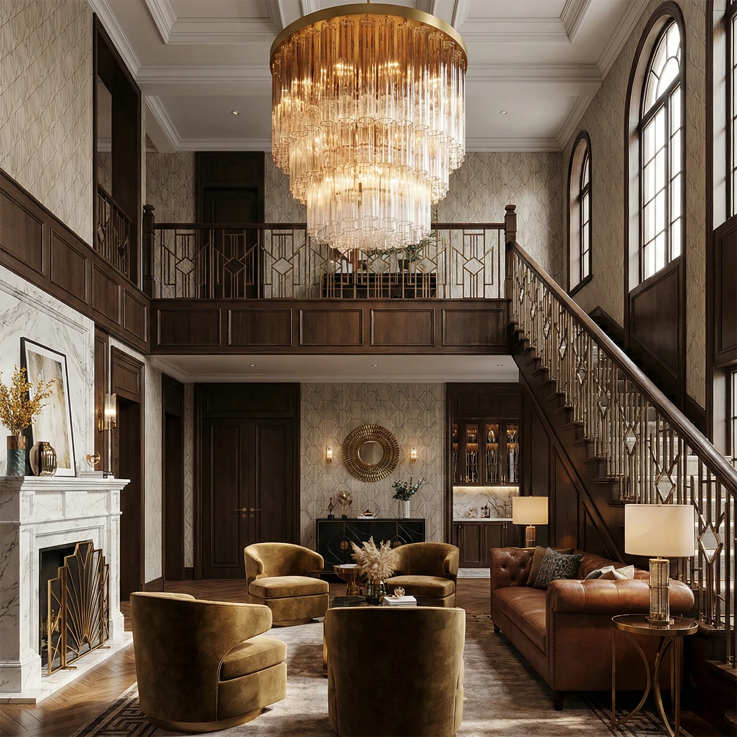 Murano Star Glass Brass Pendant Light - Double Height Grand Foyer Dark Wood Symmetrical Staircase Multi Tier Cascading | HoaiLamp