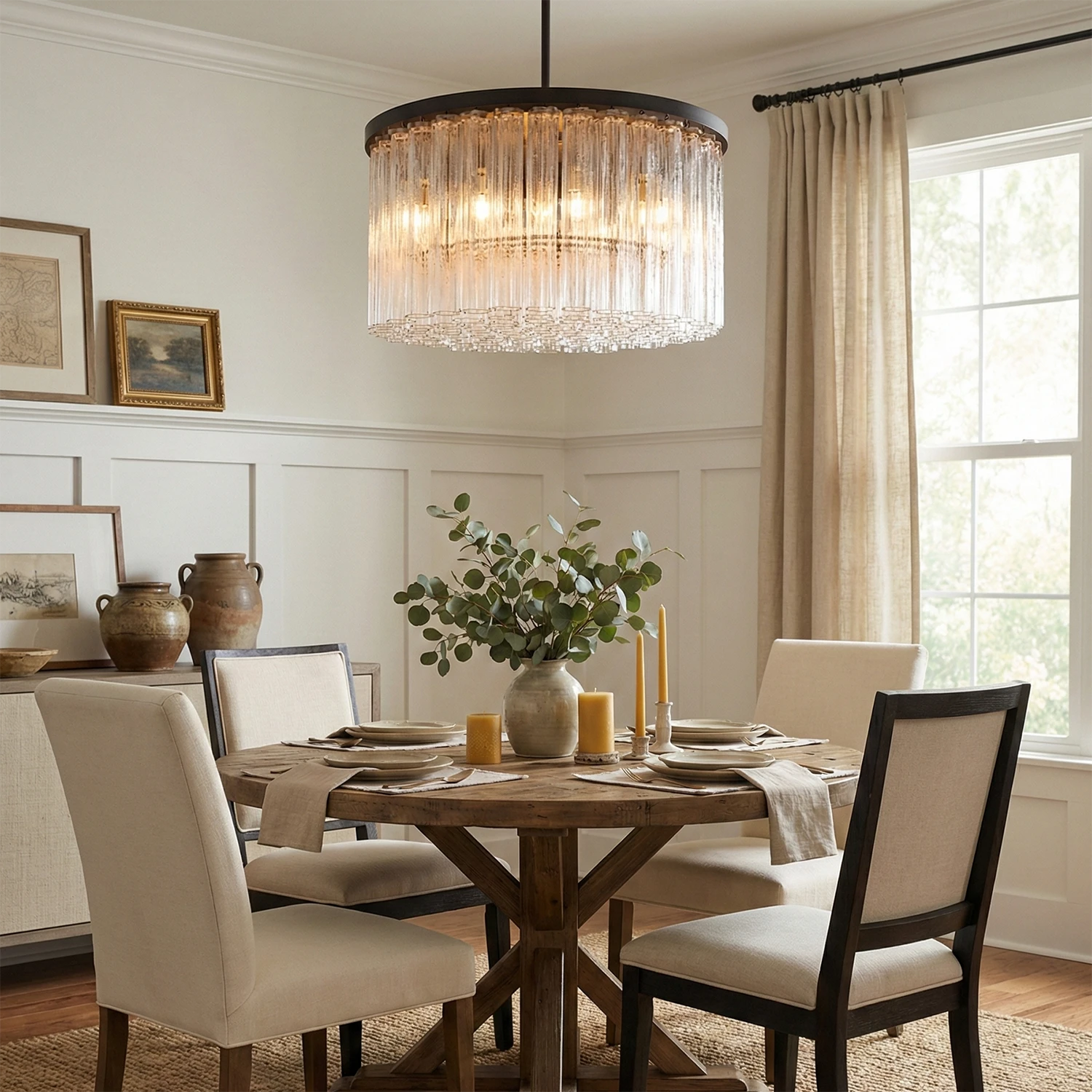 Murano Star Glass Brass Pendant Light - Elegant Dining Room Round Wooden Table Cream Upholstered Chairs | HoaiLamp