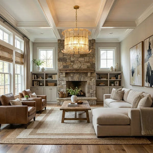 Curved Glass Slat Drum Wall Lamp - Grand Living Room High Ceiling Stone Fireplace | HoaiLamp