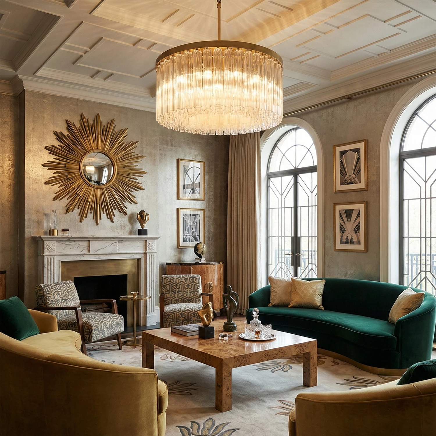 Murano Star Glass Brass Pendant Light - Grand Salon Ornate Sunburst Mirror Classic Fireplace Emerald Green Sofa | HoaiLamp