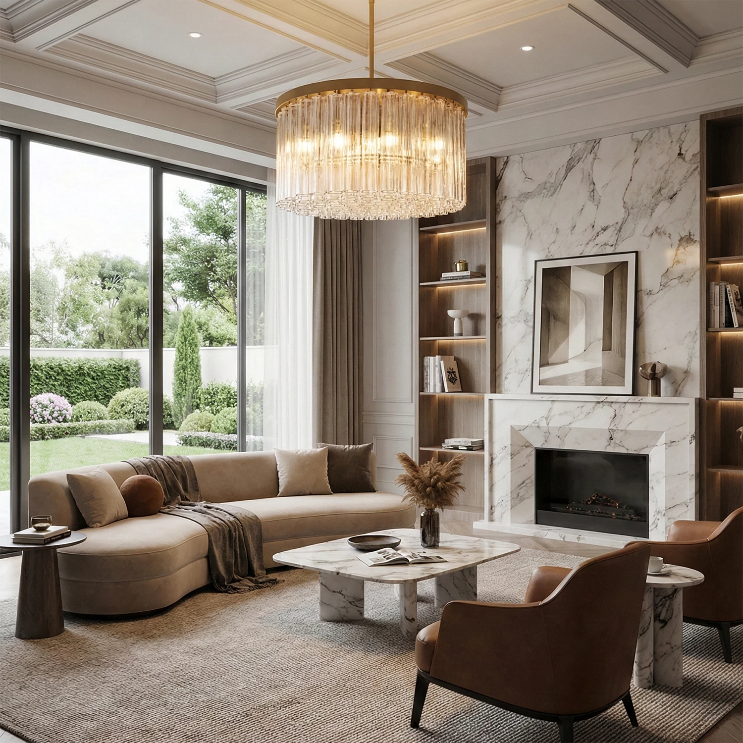 Murano Star Glass Brass Pendant Light - Luxury Living Room Marble Fireplace Curved Beige Sofa Garden View | HoaiLamp
